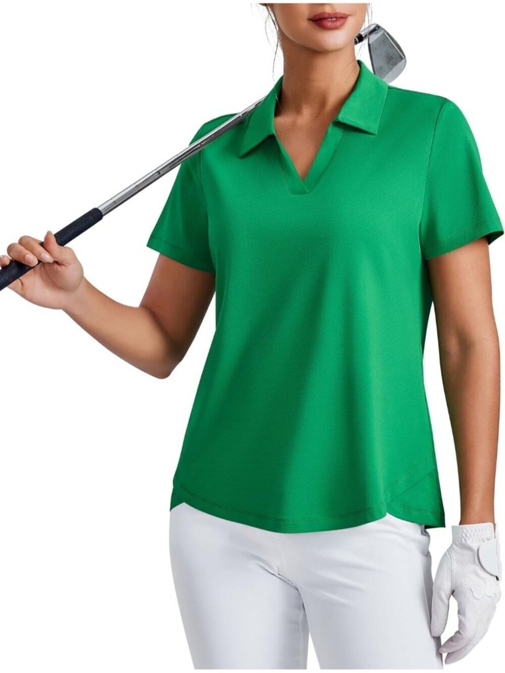 Womens Green Golf Shirt UPF50+ Short Sleeve V-Neck Tennis Collared Tops